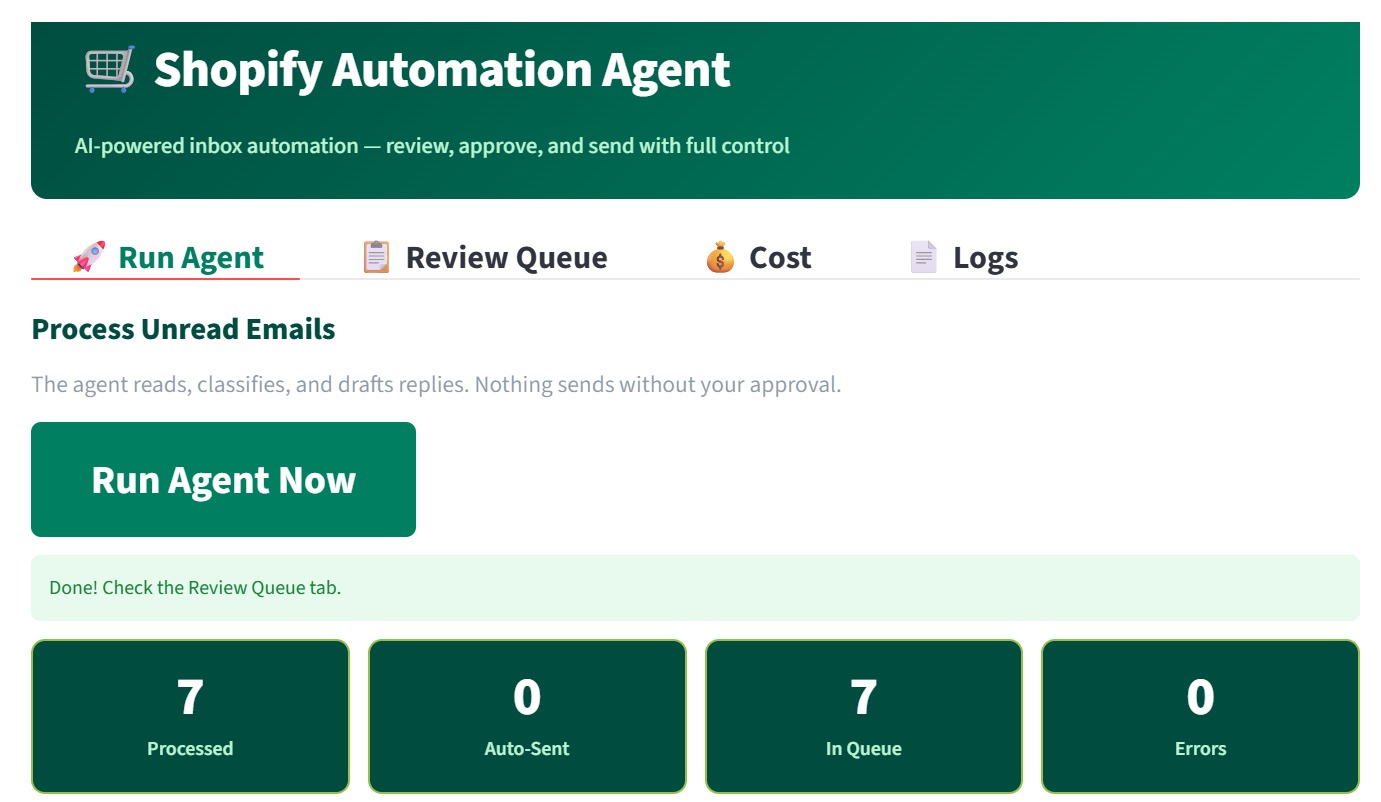 Shopify Commerce Agent Streamlit dashboard