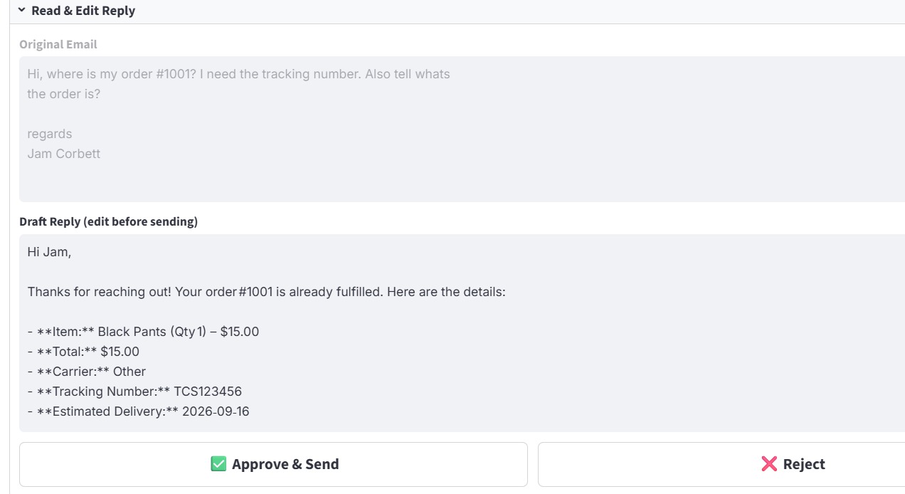 Shopify agent processing a customer order query